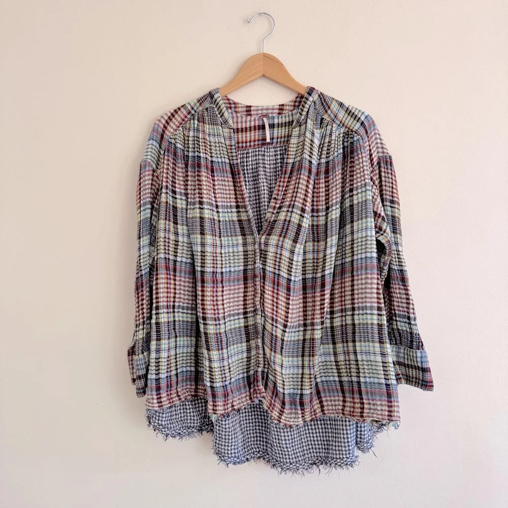 Free People “Come On Over” Oversized‎ Plaid Shirt Size XS